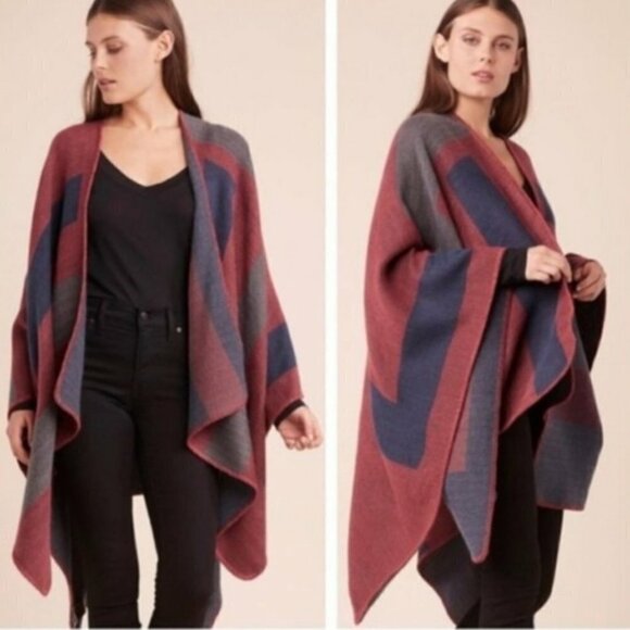BB Dakota Sweaters - BB Dakota Maroon‎ Striped Cozy Poncho Wrap Shawl OS